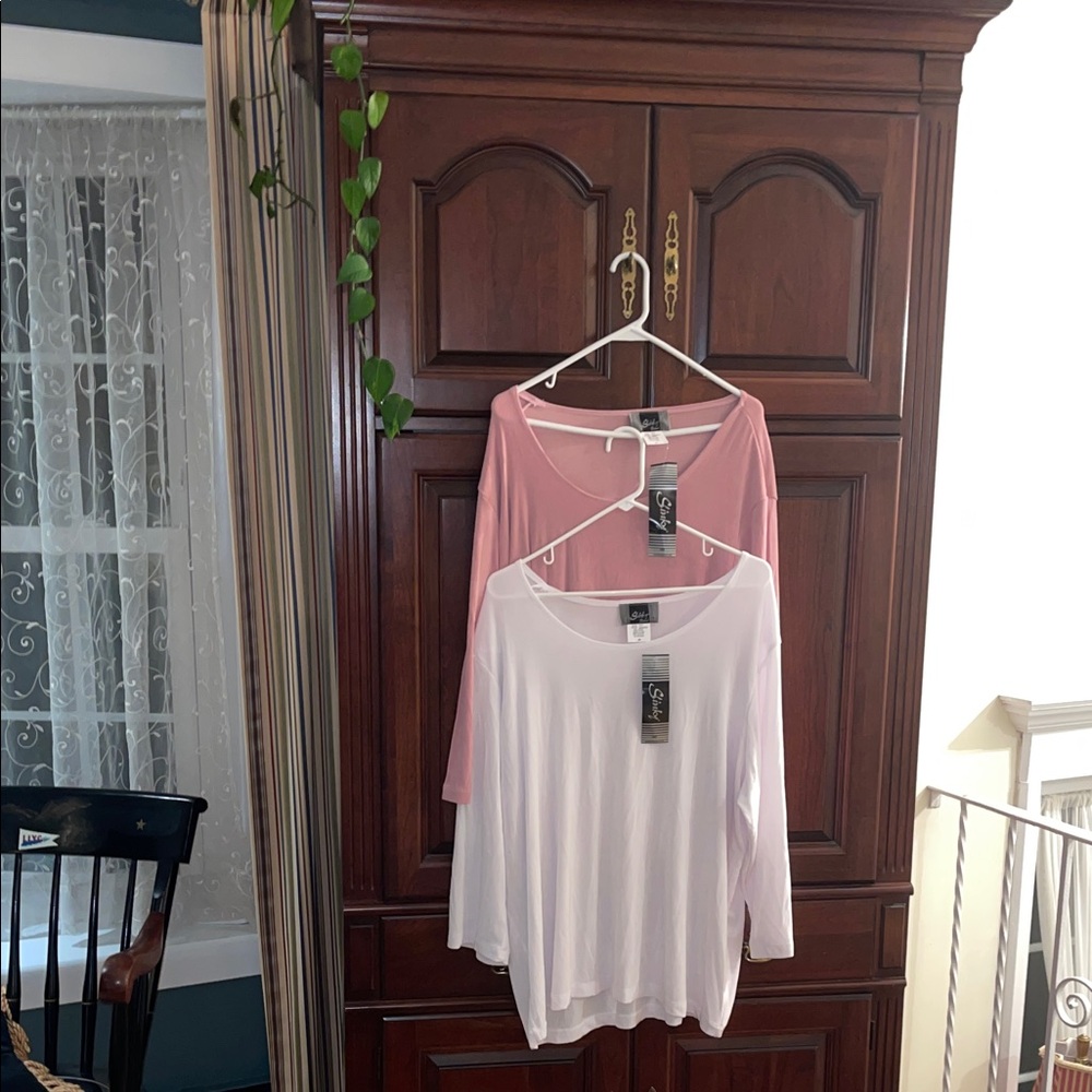 2 Womens tops, by “Slinky”, round neck, 3/4 sleeves, (1 white & 1 pink), Size 2X
